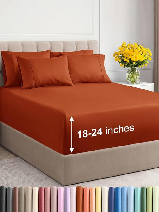 Extra Deep Queen Sheet Set - 6 Piece Breathable & Cooling Sheets - Hotel Luxury Bed Sheets Set - Easy & Secure Fit - Soft, Wrinkle Free & Comfy Sheets Set - Terracotta Sheet Set w/Extra Deep Pockets