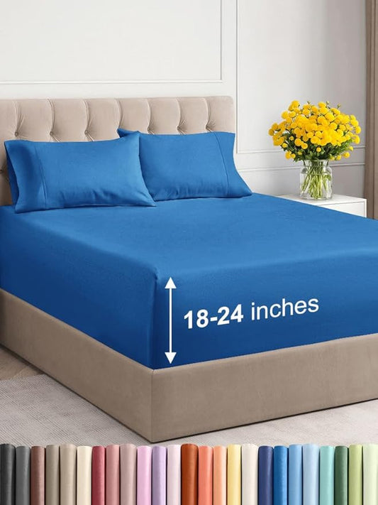 Extra Deep Twin XL Sheet Set - 4 Piece Breathable and Cooling Sheets - Hotel Luxury Bed Sheets Set - Easy Fit - Soft, Wrinkle Free and Comfy Sheets Set - Royal Blue Sheet Set with Extra Deep Pockets