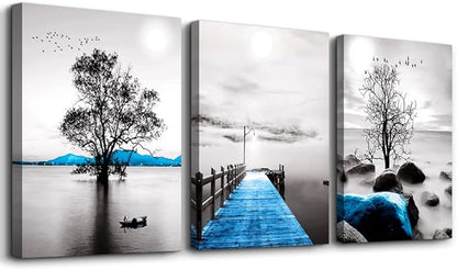 Wall Decorations For Living Room Framed Canvas Wall Art For Bedroom Office Wall Decor Black And White Ocean Landscape Wall Paintings Modern Posters Pictures Artwork For Bathroom Home Decor 3 Piece