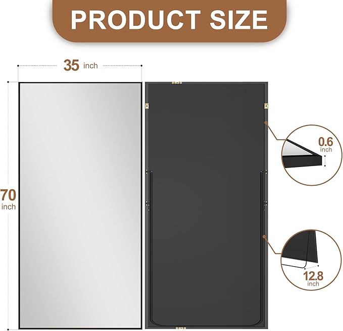 Delma Standing Full Length Mirror with Aluminium Frame for Bedroom Bathroom Living Room(with Stand,70x30-Black)