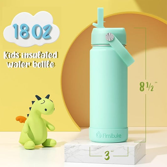 Fimibuke Kids Insulated Water Bottle - 18oz BPA-FREE 18/8 Stainless Steel Kid Cup with Straw Travel Tumbler Leak Proof Double Wall Vacuum Toddler Water Bottle for School Boy Girl（2 Pack, Candy/Bubble）