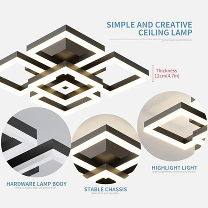 GEADI Modern LED Ceiling Light, 64W Dimmable Black Flush Mount Light 5-Square Ceiling Lamp with Remote Control, Acrylic Ceiling Chandelier Lighting for Living Room Bedroom Office, 3000K-6500K