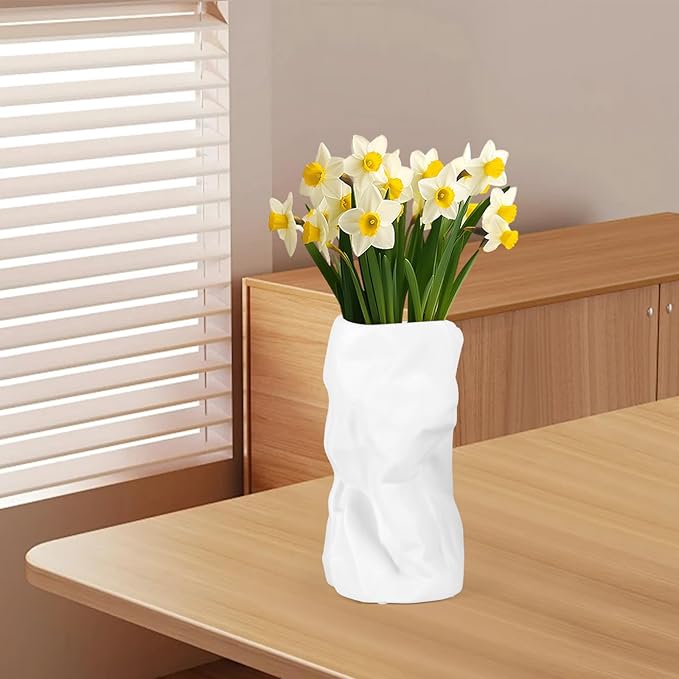 8.4" Paper Bag Vase, White Ceramic Vase, Handmade Irregular Crinkle Flower Vases, Unique Boho Minimalist Art Decorative Vase for Flowers, Modern Home Decor for Room Table Office Wedding Party