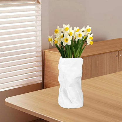 8.4" Paper Bag Vase, White Ceramic Vase, Handmade Irregular Crinkle Flower Vases, Unique Boho Minimalist Art Decorative Vase for Flowers, Modern Home Decor for Room Table Office Wedding Party