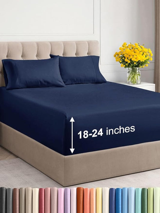 Extra Deep Twin Sheet Set - 4 Piece Breathable & Cooling Sheets - Hotel Luxury Bed Sheets Set - Easy & Secure Fit - Soft, Wrinkle Free & Comfy Sheets Set - Navy Blue Sheet Set with Extra Deep Pockets