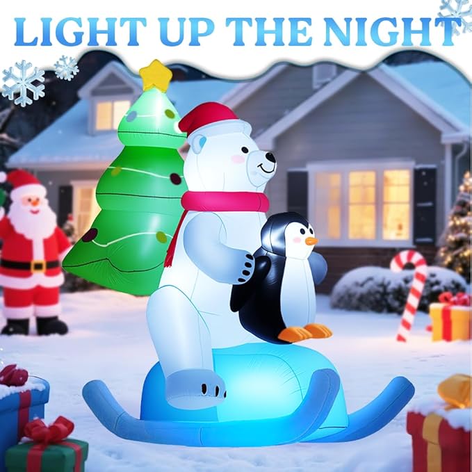 GARIG 7FT Christmas Inflatables Polar Bear and Penguin Outdoor Decorations, Christmas Blow Up Yard Decorations with Built-in LEDs for Xmax Outdoor Party, Yard, Garden