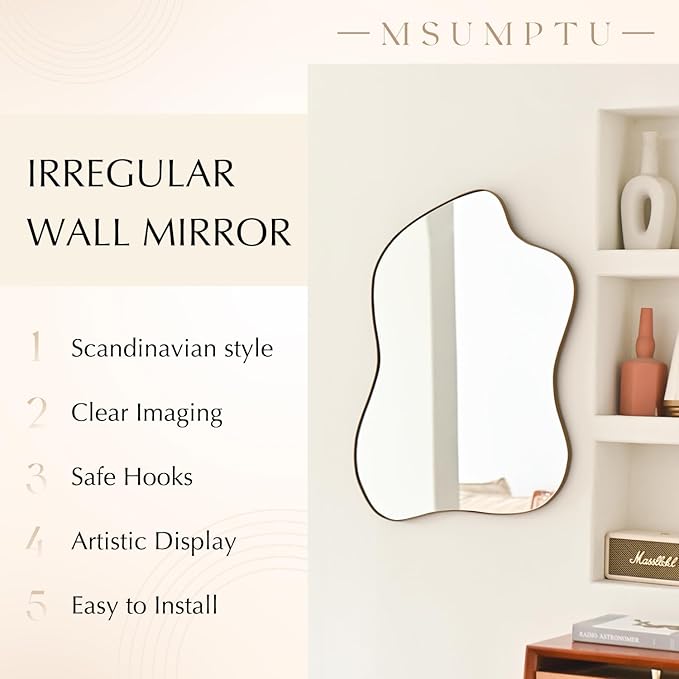 Irregular Wall Mirror Brass Wave Shaped Matel Framed Wall Mirror for Bathroom Bedroom Entryway Living Room Wall Decor 28" L x 20" W 2304G