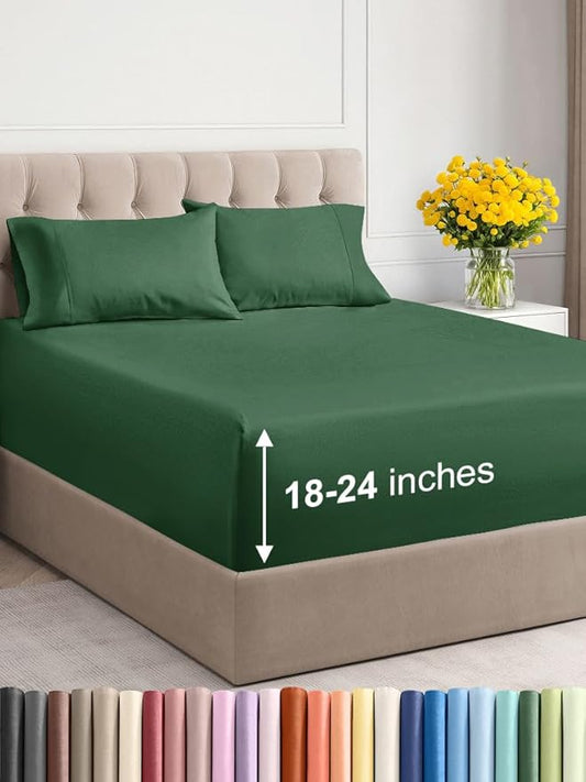 Extra Deep Twin Sheet Set - 4 Piece Breathable and Cooling Sheets - Hotel Luxury Bed Sheets Set - Easy Fit - Soft, Wrinkle Free and Comfy Sheets Set - Emerald Green Sheet Set with Extra Deep Pockets