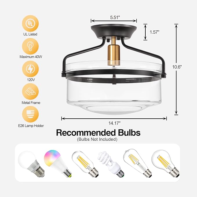Semi Flush Mount Ceiling Light, 14.2" Farmhouse Fixture, Industrial Black and Gold Finish With Clear Glass for Hallway, Porch, Kitchen