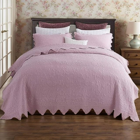 Brandream Queen Size Quilt Set Cotton Farmhouse Quilted Comforter Set Dusty Pink Vintage Matelasse Coverlet Set Antique Bedroom Set