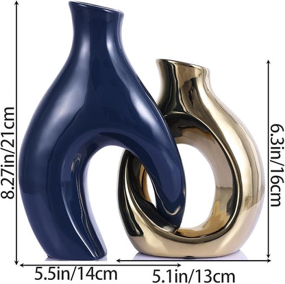 Ceramic Decorative Vase 2 Piece Set, Bohemian Style Openwork Blue and Gold Decorative Vase, Home Decor Aesthetics for Kitchen Cabinets, Office, Bedroom, Dresser, Entryway Table Decoration.