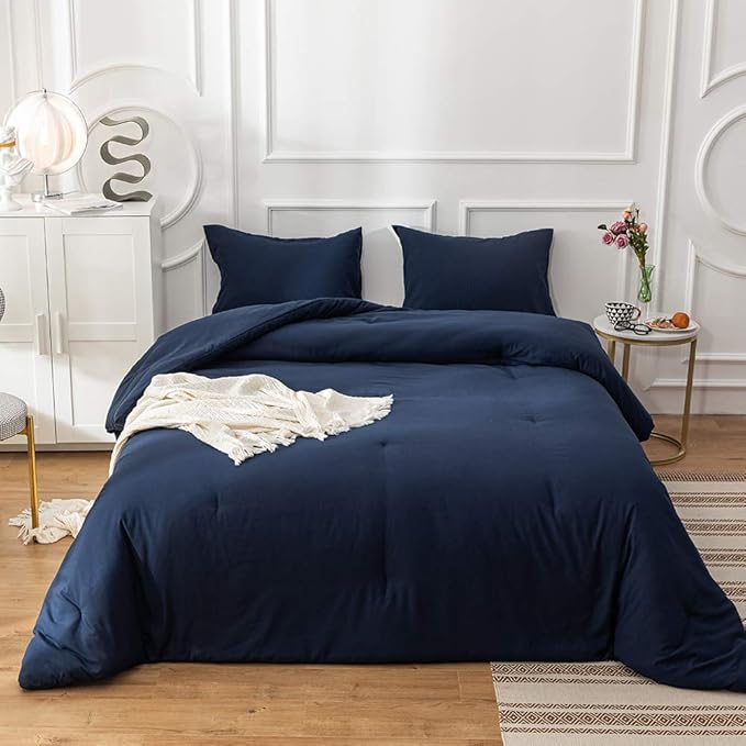 Cottonight Navy Blue Comforter Set Full Dark Blue Bedding Set Full Color Quilts Dark Navy Color All Season Blanket Breathable 3 Piece Comforter Set for Adults Teens