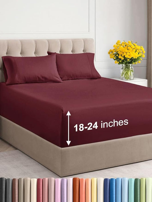 Extra Deep Twin XL Sheet Set - 4 Piece Breathable & Cooling Sheets - Hotel Luxury Bed Sheets Set - Easy & Secure Fit - Soft, Wrinkle Free & Comfy Sheets Set - Burgundy Sheet Set w/Extra Deep Pockets
