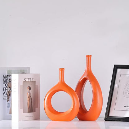 Orange Ceramic Vase Set 2,Modern Hollow Circle with Hole Flower Vase for Home Decor,for Table Centerpieces,Farmhouse,Fire Place,Living Room,Bedroom,Office,Bookshelf,Rustic Decor