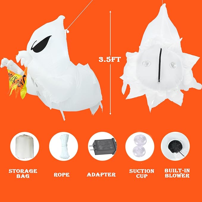 3.5FT Halloween Inflatables Flying Ghost Broke Out from Window, Blow Up Inflatables with Built-in LED Lights, Halloween Outdoor Inflatables Decorations for Yard Garden Lawn Decor