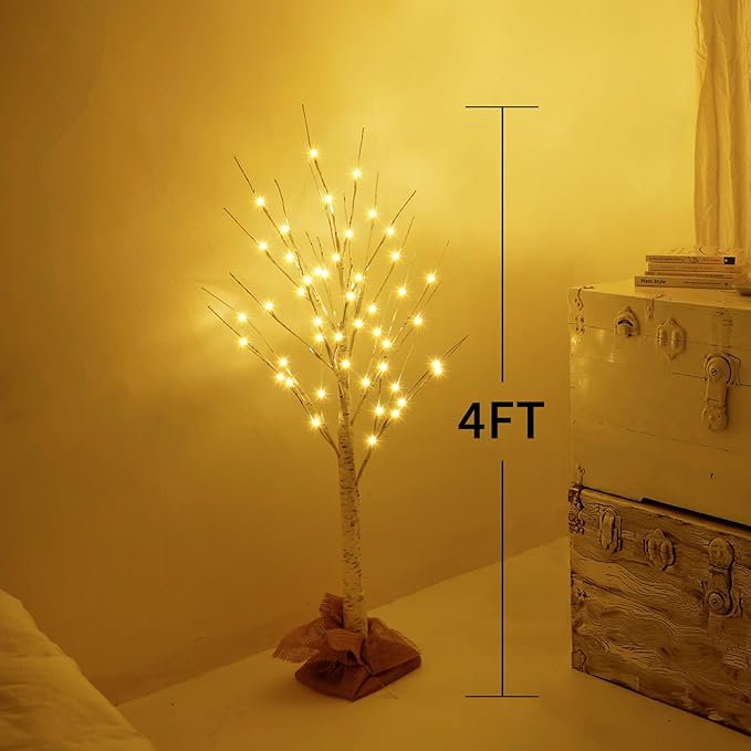 Lighted Brich Tree, 4FT 56 LED Christmas Tree with Burlap Decor, Warm White, IP44 Waterproof, Power Supply by Adaptor, Fireplace Party Wedding Halloween Christmas New Year Decoration
