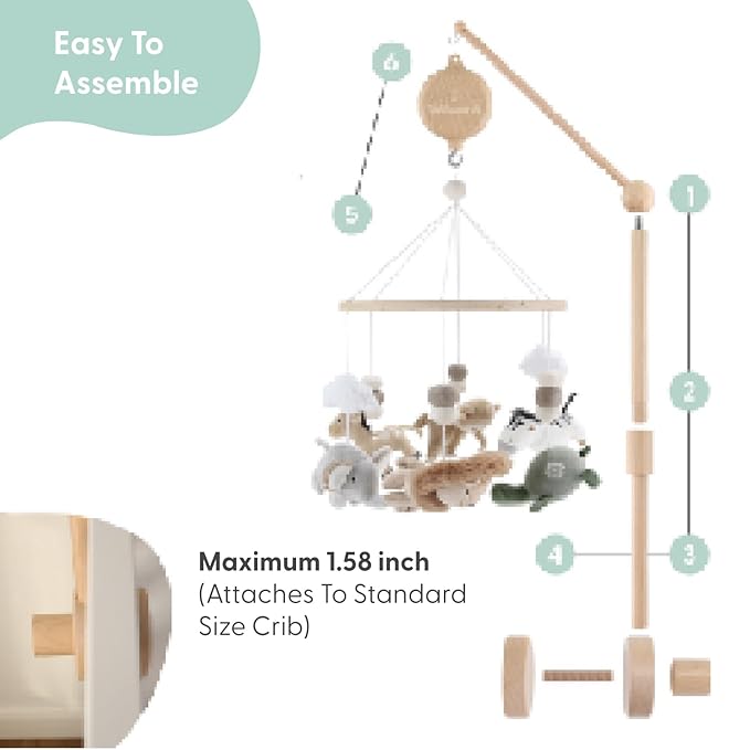 The Peanutshell Crib Mobile for Boys or Girls - Wooden Musical Baby Crib Mobile with 12 Lullabies, Jungle Animal, Baby Safari Serenity Nursery Decor
