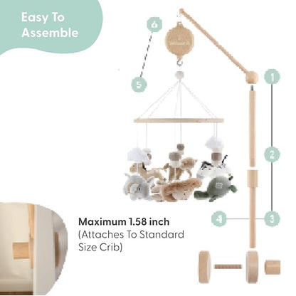 The Peanutshell Crib Mobile for Boys or Girls - Wooden Musical Baby Crib Mobile with 12 Lullabies, Jungle Animal, Baby Safari Serenity Nursery Decor