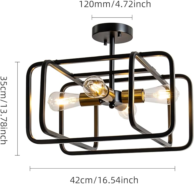 KSRYSZCQ 4 Light Semi Flush Mount Ceiling Light 20" Black Ceiling Light Fixture E26 Metal Farmhouse Kitchen Light Fixture for Dining Room Hallway Entryway Bedroom Living Room.