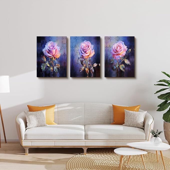DZRWUBHS Canvas Wall Decor for Bedroom Living Room Wall Pictures Rose Flowers Wall Art Painting Modern Office Floral Home Decorations Vintage Posters Minimalist Farmhouse Ready To Hang 3 Piece