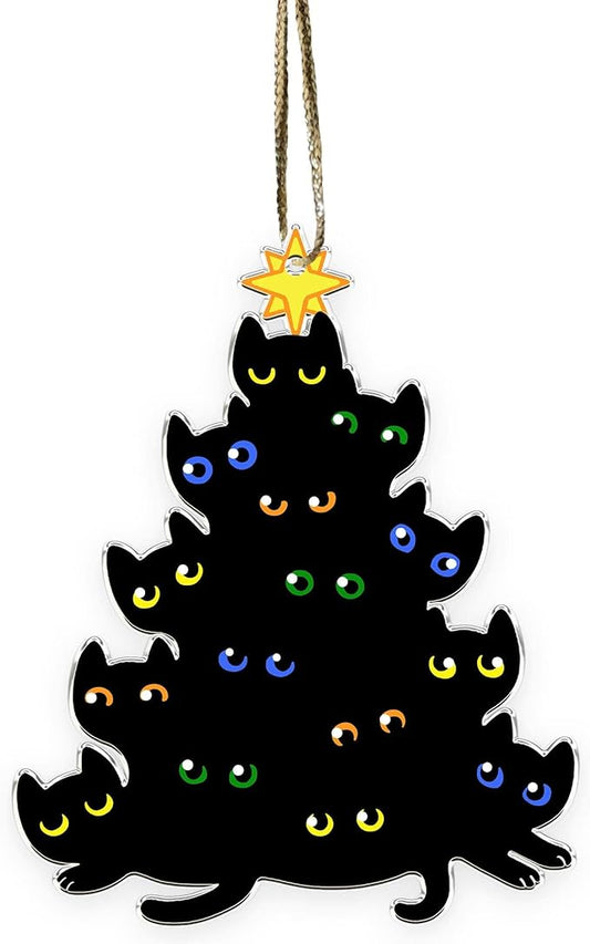 Black Cats Acrylic Christmas Ornament – Cat Eyes Christmas Tree Shape – Funny Cat Lover Holiday Hanging Decoration Gift