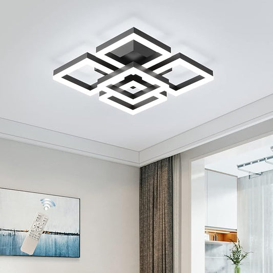GEADI Modern LED Ceiling Light, 64W Dimmable Black Flush Mount Light 5-Square Ceiling Lamp with Remote Control, Acrylic Ceiling Chandelier Lighting for Living Room Bedroom Office, 3000K-6500K