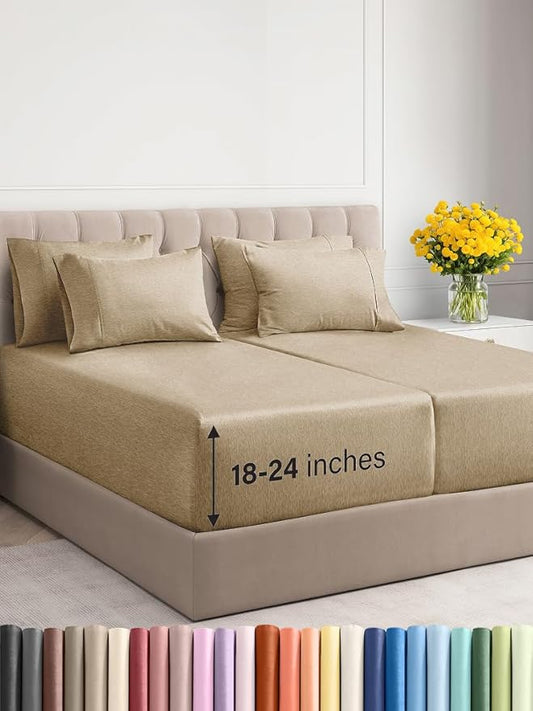 Extra Deep Split King Sheet Set - 7 Piece Breathable & Cooling Sheets - Hotel Luxury Bed Sheets Set - Easy Fit - Soft, Wrinkle Free & Comfy Sheets Set - Heathered Tan Sheet Set w/Extra Deep Pockets