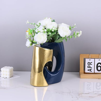 Blue and Gold Vase Set of 2, Nordic Modern Ins Style Vases, Boho Ceramic Vases for Centerpieces, Mid Century Abstract Donut Vase, Unique Funky Vase for Wedding, Decorative Pampas Grass Vase Decor
