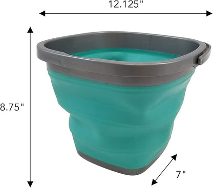 HOMZ Store N Stow 10 Liter Handle, Grey and Teal, Set of 1 Square Collapsible Bucket,