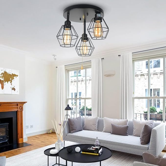 Industrial Pull Chain Ceiling Light Fixture, Black Metal Cage Semi Flush Mount Lighting with Pull String Modern Steampunk Entryway Kitchen Light 3 Lights Edison E26 BW17154