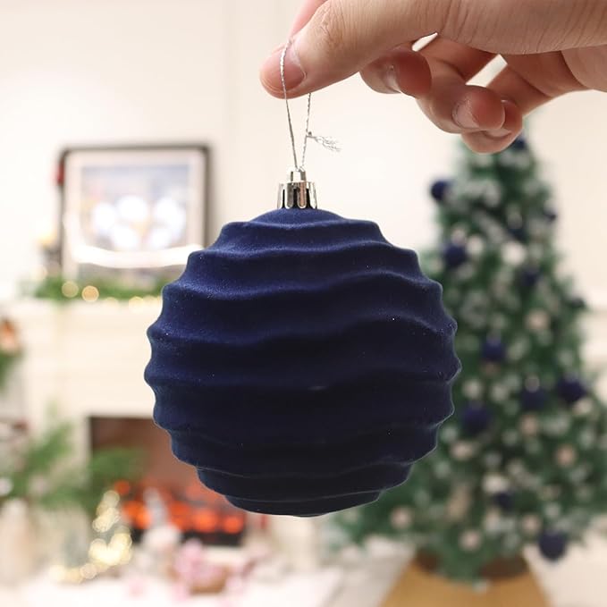 Senjie 4inch Christmas Tree Ornaments Velvet Balls,9PCS Flocked Decoration Balls Ornaments Sets for Christmas 2025 Navy Blue