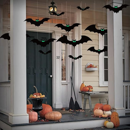 18 PCS Hanging Bats Halloween Decoration Outdoor Black Plastic Bats with Glowing Eyes Different Size Flying Bats Halloween Decor Hanging in The Tree, Porch, Yard, Lawn, Indoor