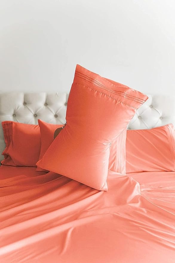 CGK Linens Twin XL 4 Piece Sheet Set - Cooling Sheets for Hot Sleepers - Hotel Luxury Bedding Set with 8-16 Inch Deep Pockets - 1 Flat & 1 Fitted & 2 Pillowcases - Soft, Comfy & Wrinkle Free - Coral