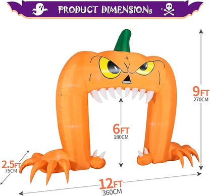 DomKom Halloween Inflatable Blow Up Decorations, 12FT Long 9FT Tall Spooky Pumpkin Archway, Built-in LEDs for Holiday Party, Garden, Lawn, Yard, Patio Décor