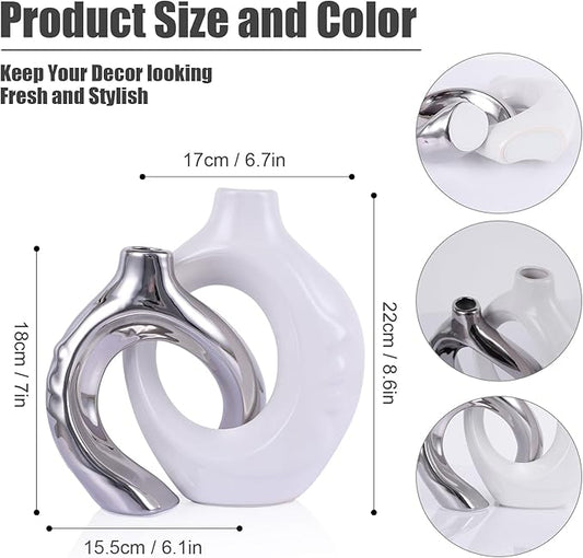 White and Silver Donut Vases, Set of 2, Ceramic Round Modern Vases, Neutral Minimalist Vases for Dining Room Table Centerpiece, Living Room Wedding Table Decoration