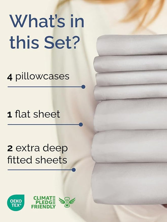 Extra Deep Split King Sheet Set - 7 Piece Breathable & Cooling Sheets - Hotel Luxury Bed Sheets Set - Easy Fit - Soft, Wrinkle Free & Comfy Sheets Set - French Grey Sheet Set with Extra Deep Pockets