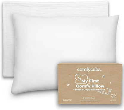 Comfy Cubs Toddler Pillow with Soft Muslin Pillowcase, 13"x18", White - Kids Pillow for Sleeping & Travel - Adorable & Comfortable Small Pillow - Kids Travel Pillow with Breathable Microfiber Fill