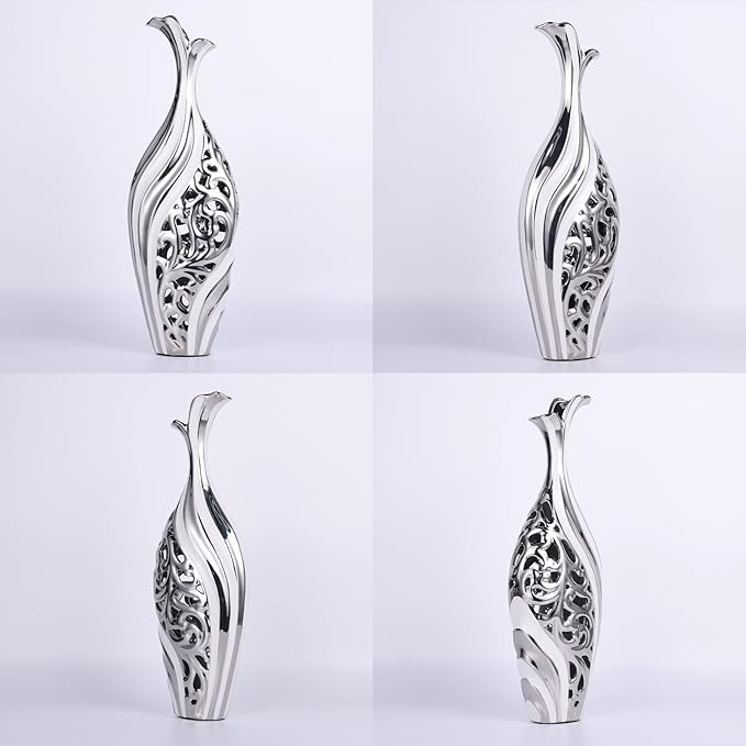 19 inch Floor Standing Large vase, Silver White Ceramic vase, Hollowed Out Large vase, Unique Pampas Grass vase Suitable for Living Room Floor, Home Office, Porch Home Center Decorative Large vase