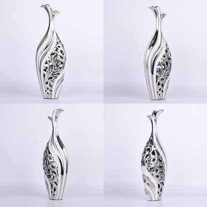19 inch Floor Standing Large vase, Silver White Ceramic vase, Hollowed Out Large vase, Unique Pampas Grass vase Suitable for Living Room Floor, Home Office, Porch Home Center Decorative Large vase