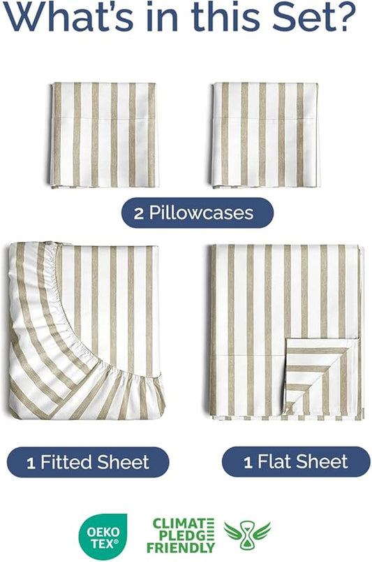 Extra Deep Twin XL Sheet Set - 4 Piece Breathable & Cooling Sheets - Hotel Luxury Bed Sheets Set - Easy Fit - Soft, Wrinkle Free & Comfy Sheets Set - Beige Striped Sheet Set with Extra Deep Pockets
