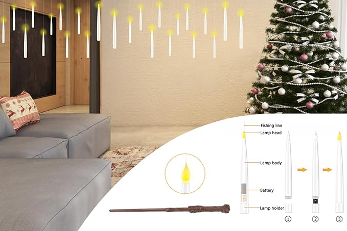 Floating Candles with Wand, 24PCS Hanging Candles with Remote Wand, Warmwhite Flickering Flameless Magic Floating Candle Lights for Halloween Christmas Decorations