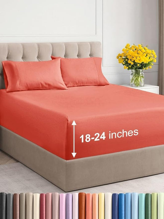 Extra Deep Twin Sheet Set - 4 Piece Breathable and Cooling Sheets - Hotel Luxury Bed Sheets Set - Easy & Secure Fit - Soft, Wrinkle Free and Comfy Sheets Set - Coral Sheet Set with Extra Deep Pockets
