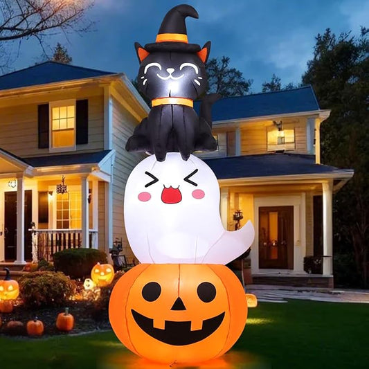 COMIN 6 FT Halloween Inflatables Pumpkin Ghost Cat Combo Outdoor Decorations Blow Up Yard with Built-in LEDs for Indoor Party Garden Lawn Decor