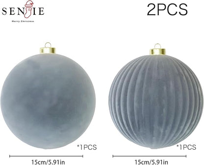 6inch Big Dusty Blue Velvet Christmas Ornaments for Xmas Trees, 2 pcs Flocked Christmas Balls Sets for Holiday Decor
