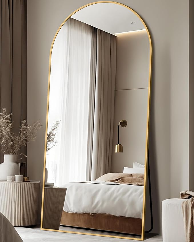 Full Length Mirror, 68"x26" Floor Mirror, Floor Standing Freestanding Arch Full Body Mirror with Stand for Bedroom, Hanging Mounted for Living Room Cloakroom, Gold