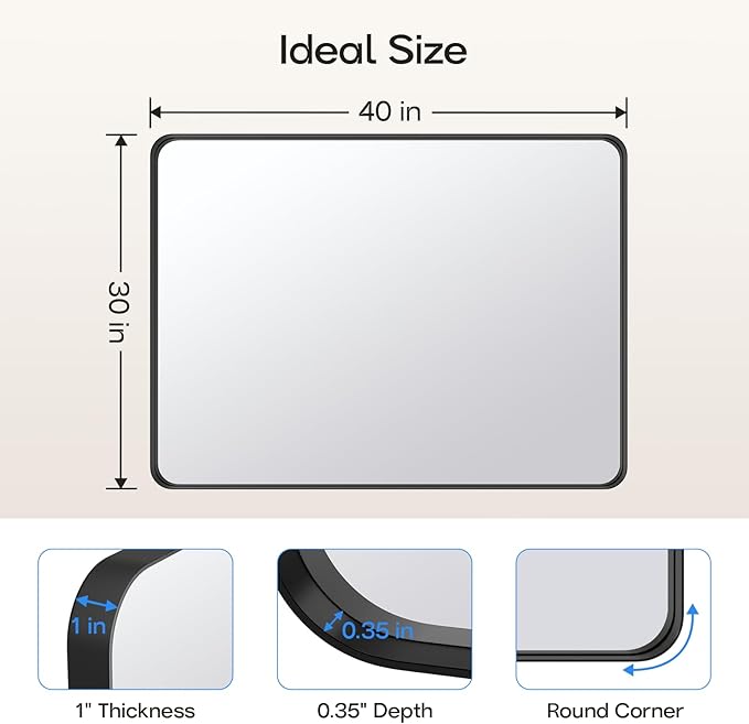 USHOWER Black Large Bathroom Mirror, 40 × 30 Inch Rectangle Mirror for Bedroom, Bathroom, Dining Room, Entryway, Wall Mounted & Metal Frame, Tempered Glass, Hangs Horizontally or Vertically