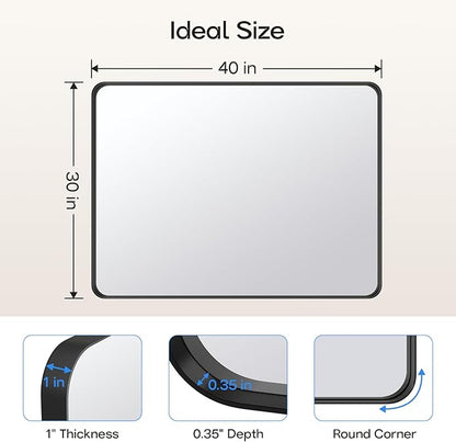 USHOWER Black Large Bathroom Mirror, 40 × 30 Inch Rectangle Mirror for Bedroom, Bathroom, Dining Room, Entryway, Wall Mounted & Metal Frame, Tempered Glass, Hangs Horizontally or Vertically