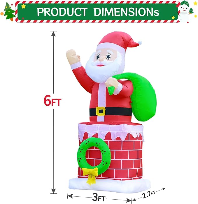 DomKom Christmas Inflatables Outdoor Decoration, 6 FT Chimney Santa Claus with Gift Bag Blow up Build-in Led Light Party Lawn Holiday Winter Outside Decor