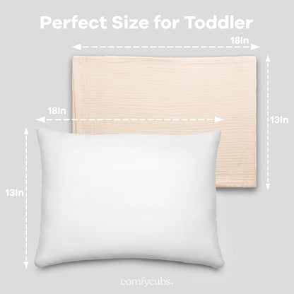Comfy Cubs Toddler Pillow with Soft Muslin Pillowcase, 13"x18", Cream (2 Pack) - Kids Pillow for Sleeping & Travel - Comfortable Small Pillow - Kids Travel Pillow with Breathable Microfiber Fill