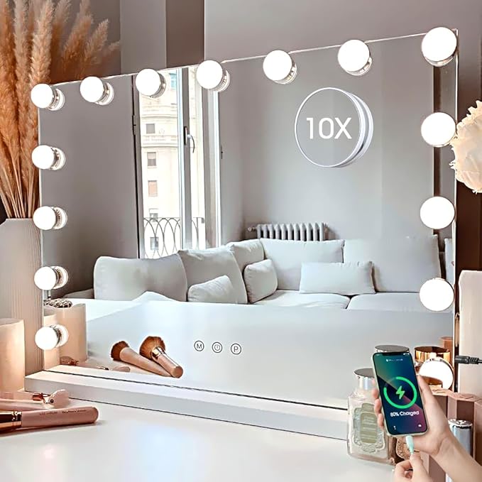 Kottova Vanity Mirror with Lights,23×18" Makeup Mirror,Hollywood Mirror with 15 LED,3 Color Modes & Detachable 10X Magnification Mirror,Slim Metal Frame Design,Smart Touch Control,Plug in